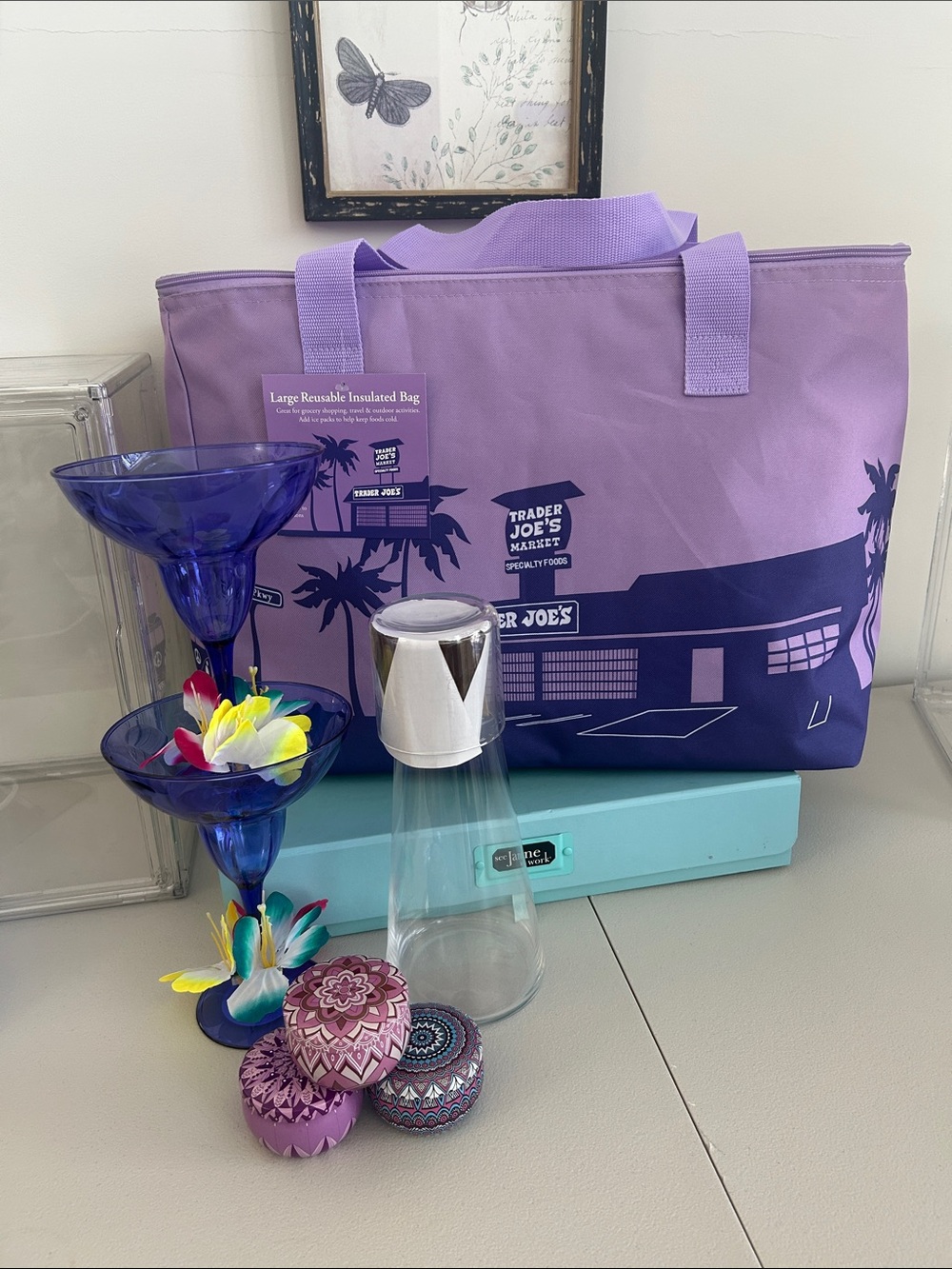 Trader Joe's Purple Insulated Reusable Tote 18”x 6.5”x 13” with Fun Stuff NWT